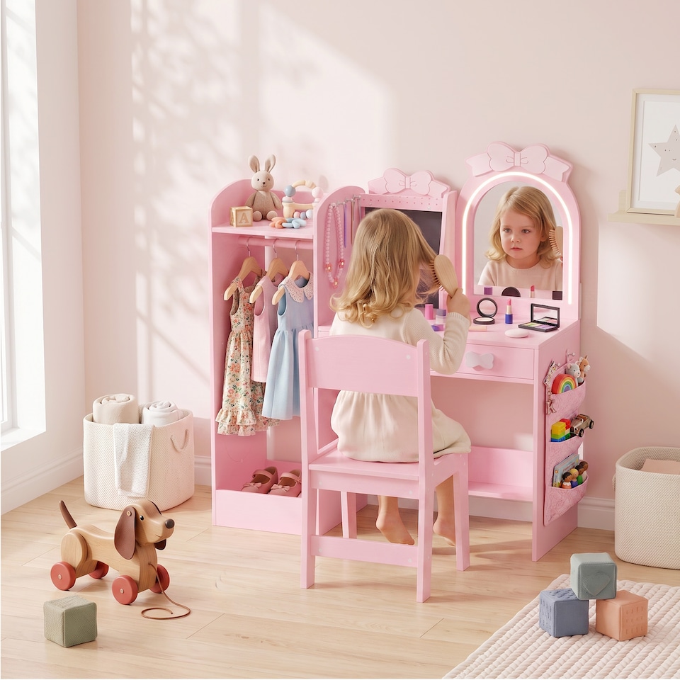 image 1 of AIYAPLAY Kids Dressing Table with Stool, 2-Colour Lights Mirror, Pink