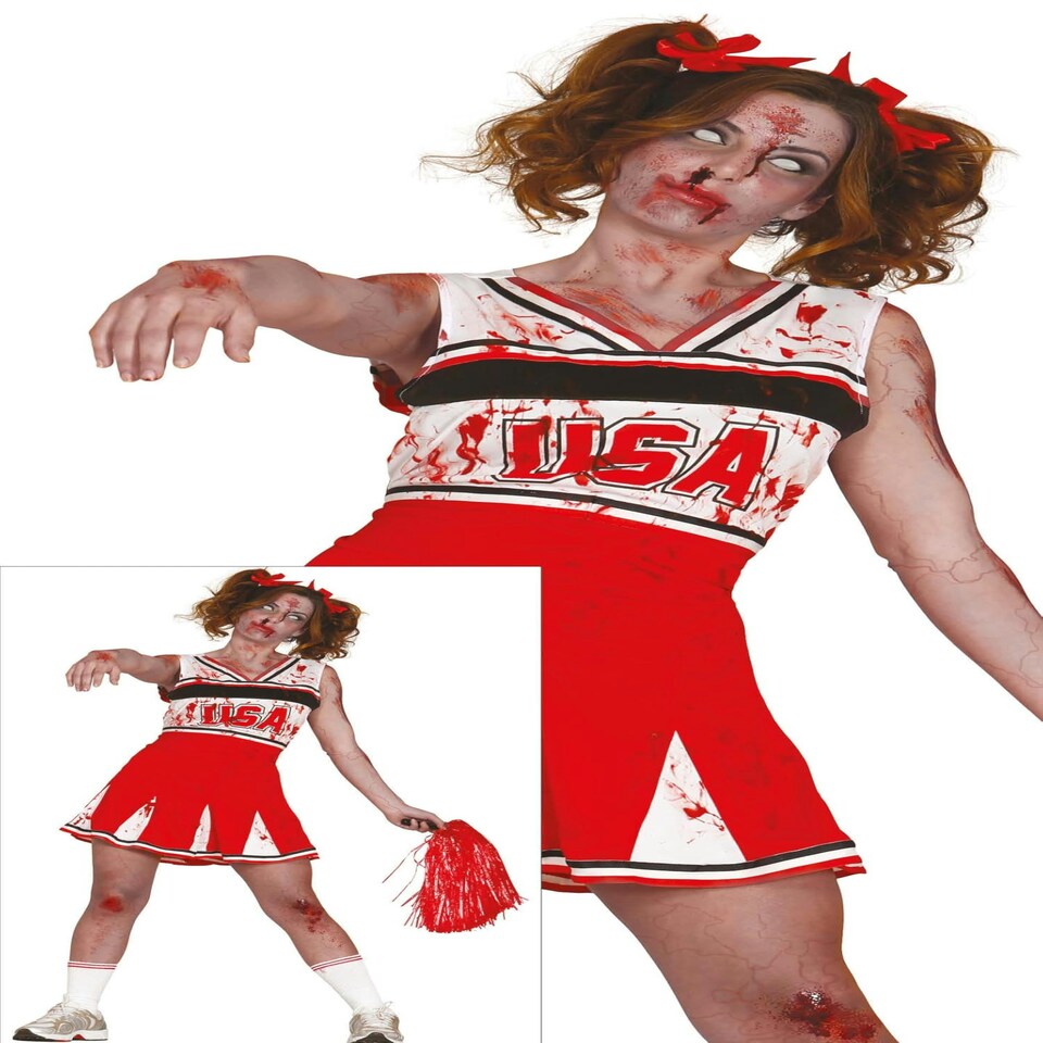image 1 of Fancy Dress Adult Zombie Cheerleader Red White - L