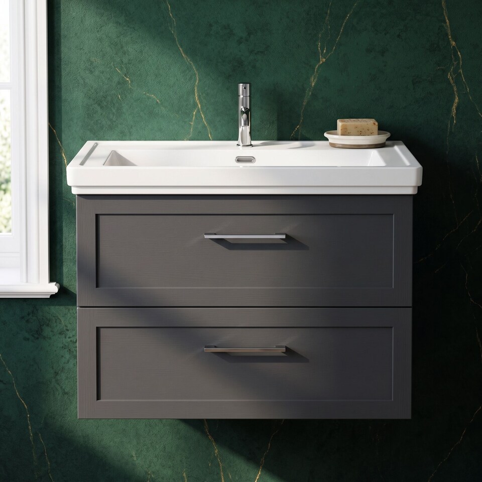 image 1 of Balterley Stonnall Traditional Wall Hung 2 Drawers Vanity Unit with Traditional 1 Tap Hole Fireclay Basin, 800mm, Dark Grey