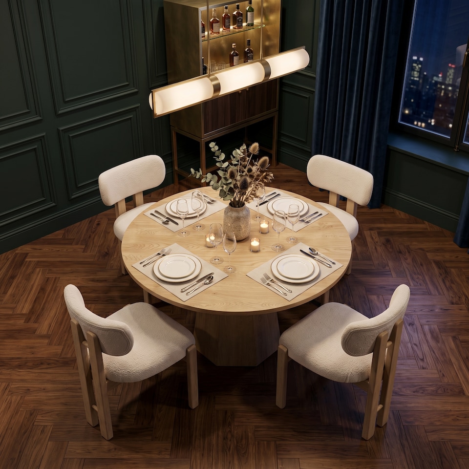 image 1 of FENCHILIN Rustic-style Dining Table and 4 Boucle Chairs 120cm Round Kitchen Set, Oak