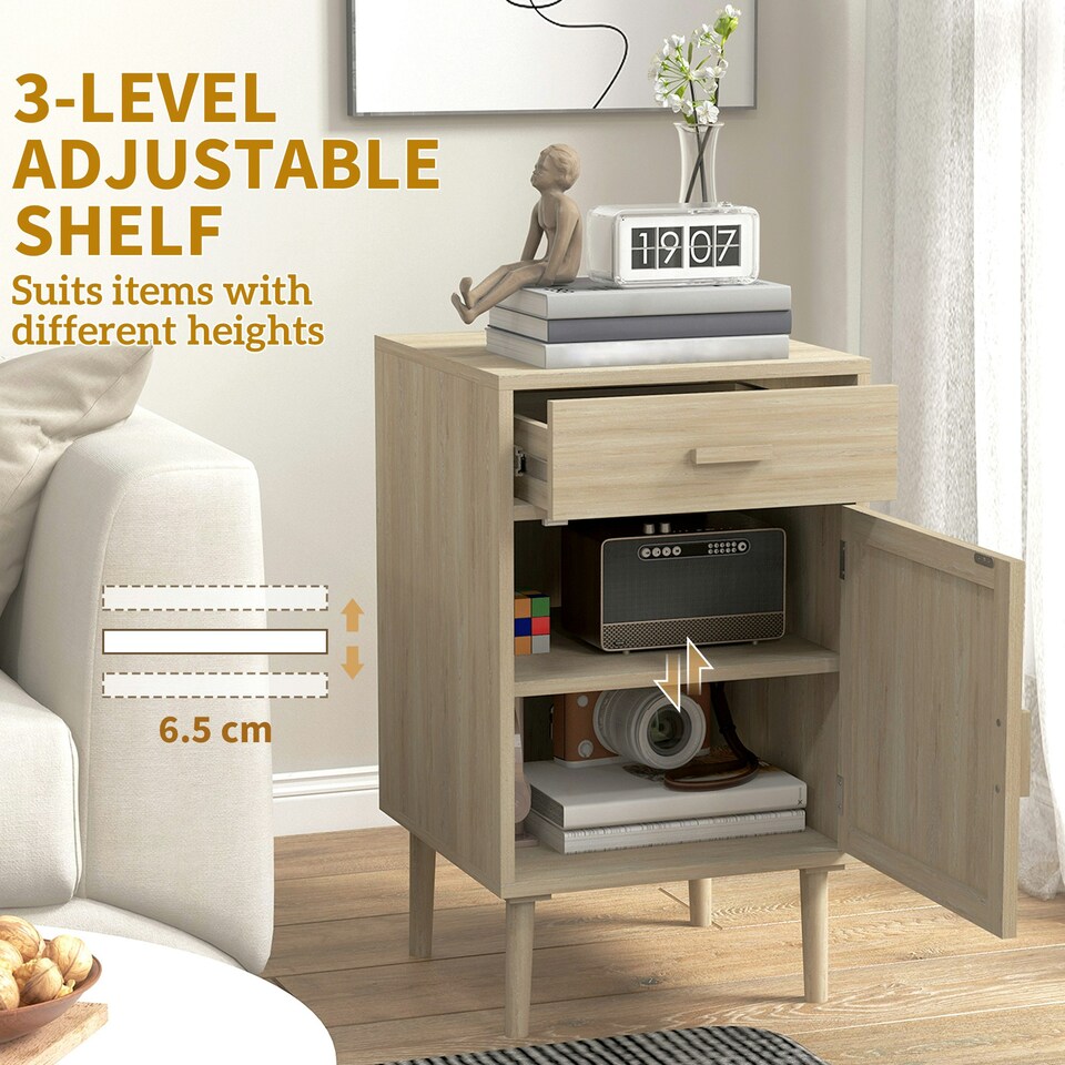 image 1 of HOMCOM Bedside Tables Set of 2 with Drawer Cabinet Adjustable Shelf Natural
