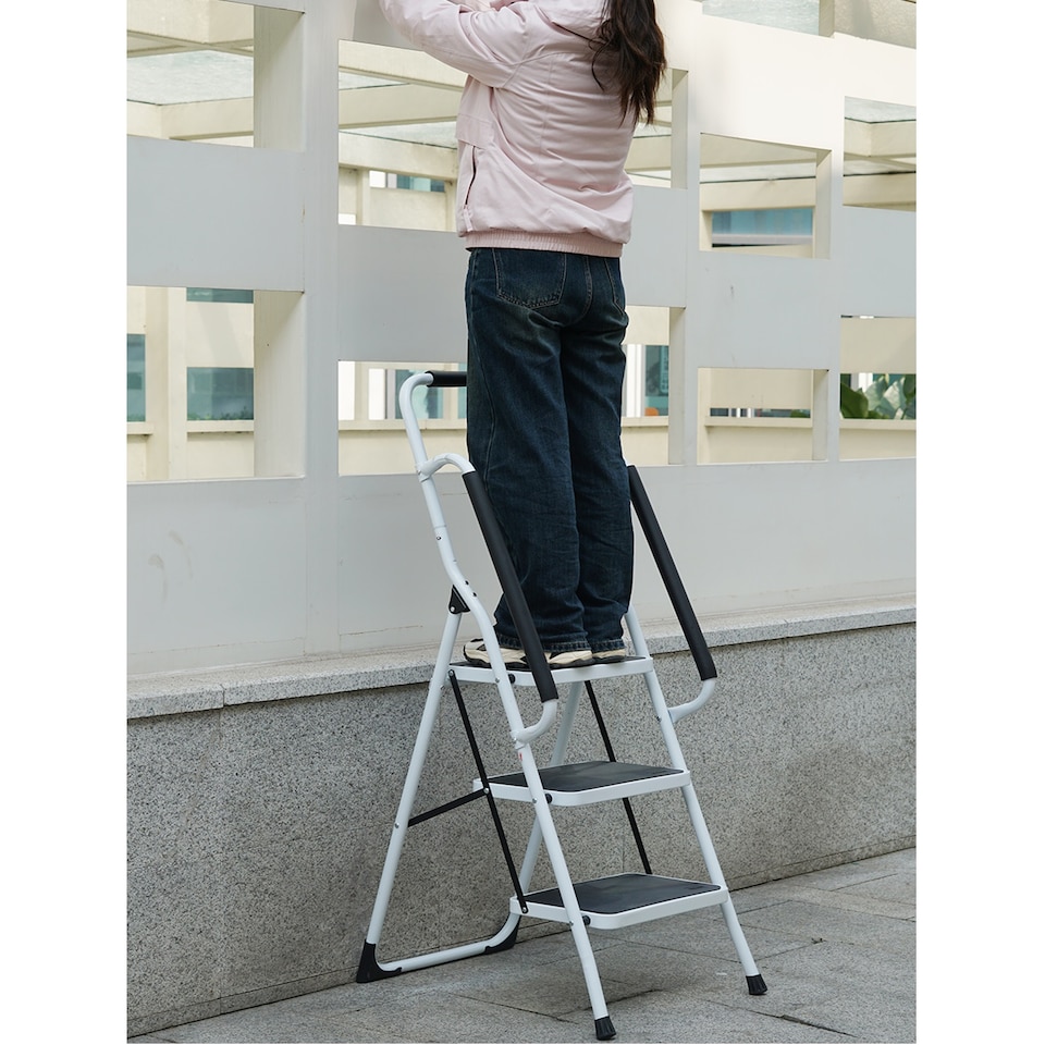 image 1 of Gr8 Home 3 Step Ladder Folding Stool Non Slip Tread Steel Foldable Home DIY With Handrail
