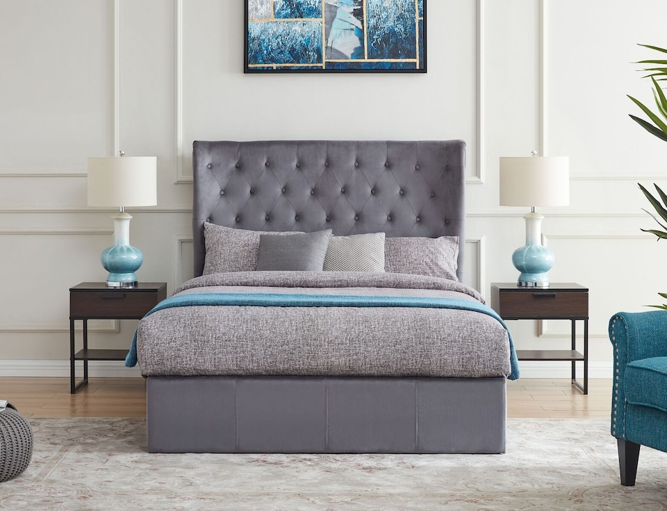 image 1 of 5ft King Size Grey fabric upholstered, winged, wing back headboard, tall, gas lift up ottoman bed frame, strong, sturdy bed frame