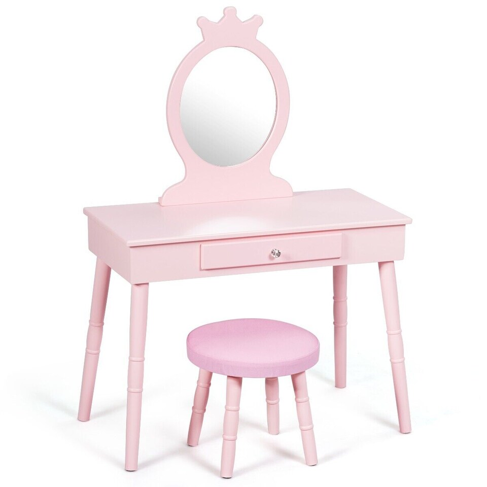 image 1 of COSTWAY Pretend Makeup Dressing Table Kids Vanity Table Pink