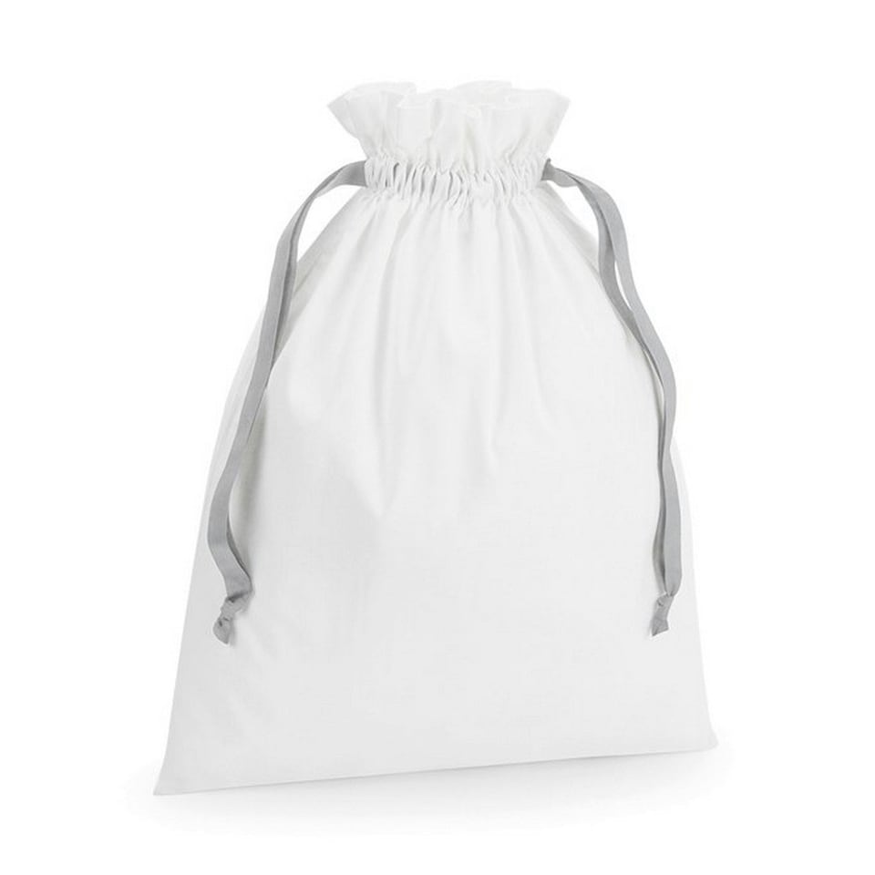 Westford Mill Ribbon Cotton Drawstring Gift Bag - Soft White/Light Grey - 44cm x 36cm