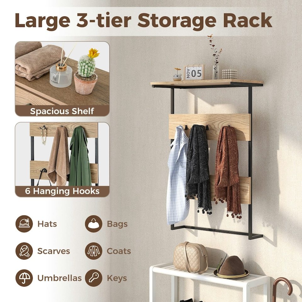 image 1 of COSTWAY Entryway Coat Rack Wall Mounted Coat Rack w/6 Hooks N/A | One Size