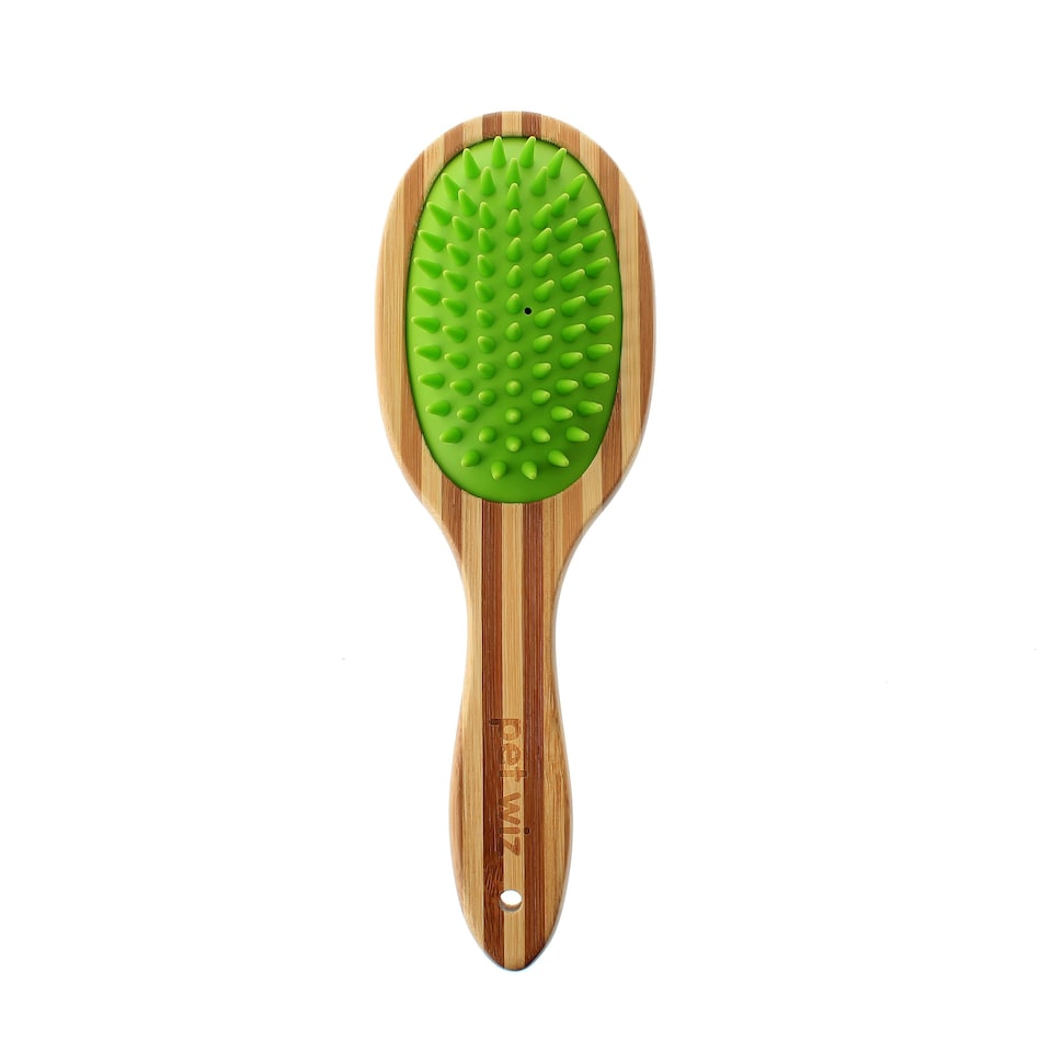 image 1 of Double Sided Bamboo Dog Brush with Silicone Massager for Grooming