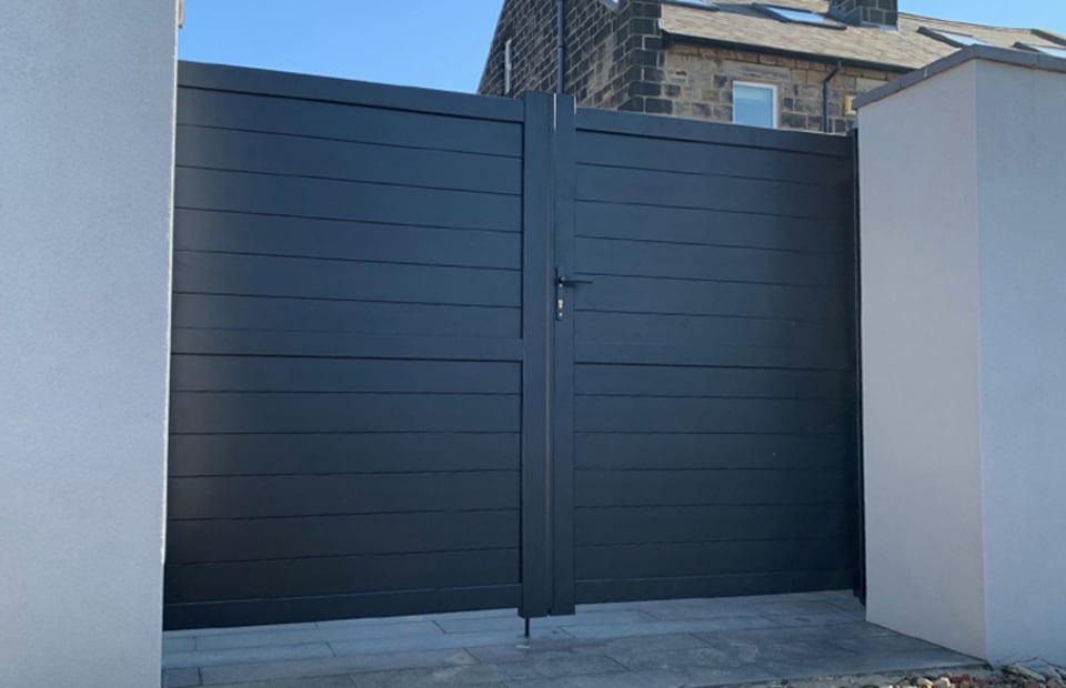 image 1 of Double Swing Gate 3750x1800mm Grey - Horizontal Solid Infill and Flat Top