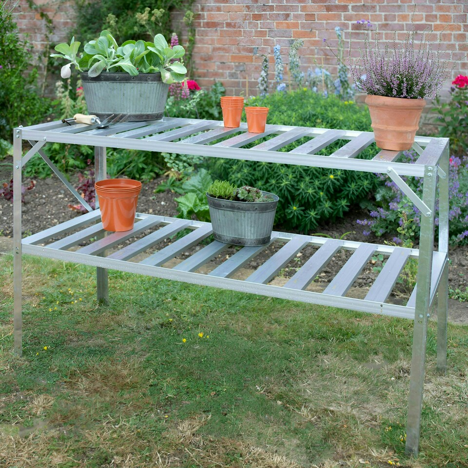image 1 of Lacewing Twinpack Traditional 2 Tier Greenhouse Staging Shelving Bench in Silver 126cm