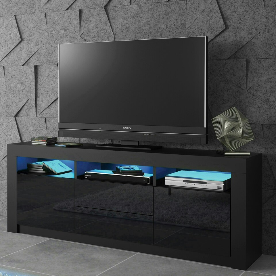 image 1 of TV Unit 160cm Black Gloss Doors & Drawers Black Matt Body With LED Black