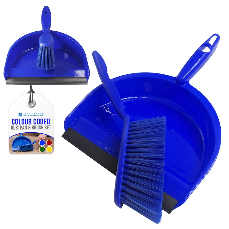 image 1 of Colour Coded Dustpan and Brush Sets Wide Plastic Dustpan with Rubber Lip and Soft Bristle Brush