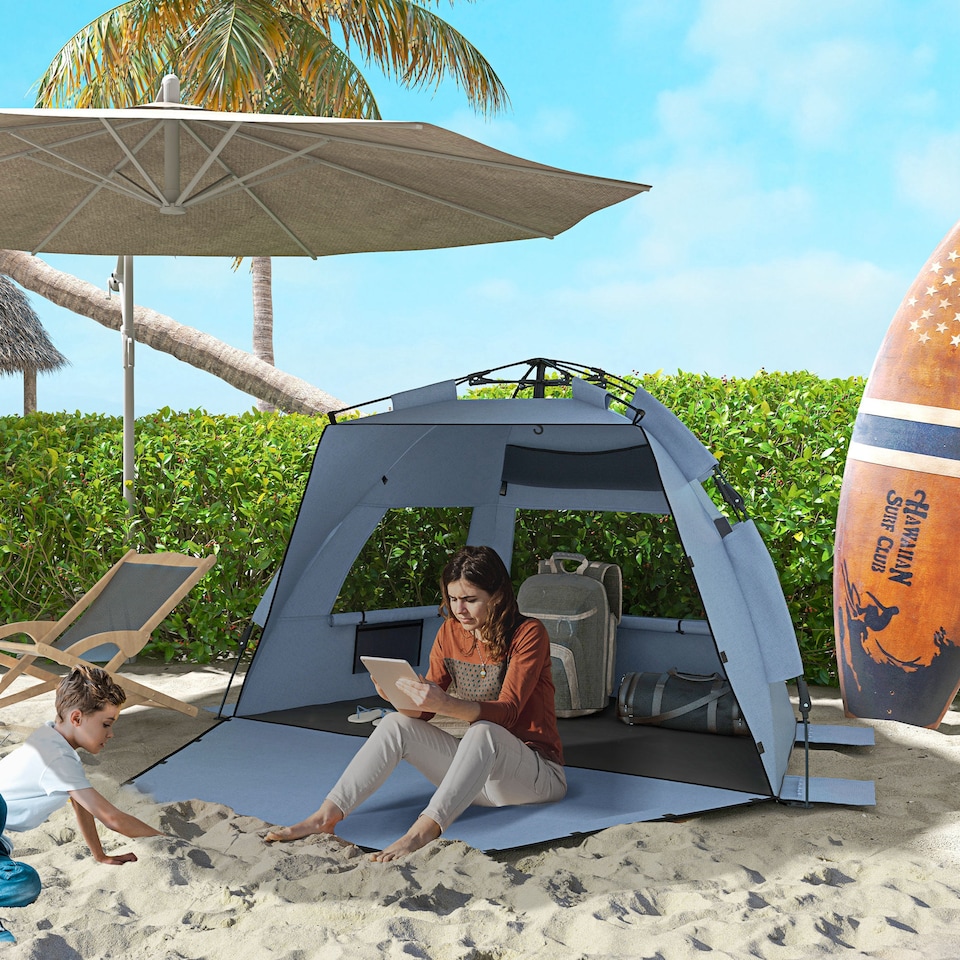 image 1 of Outsunny Pop Up Tent Beach Tent for 23 Person, Easy Set Up Sun Shelter with Extended Floor, Sandbags, Mesh Windows and Carry Bag | Blue