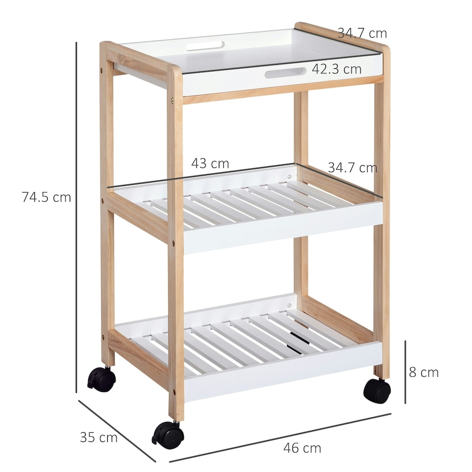 image 1 of HOMCOM Mobile Serving Trolley Kitchen Cart Pine Wood Rolling Wheels White