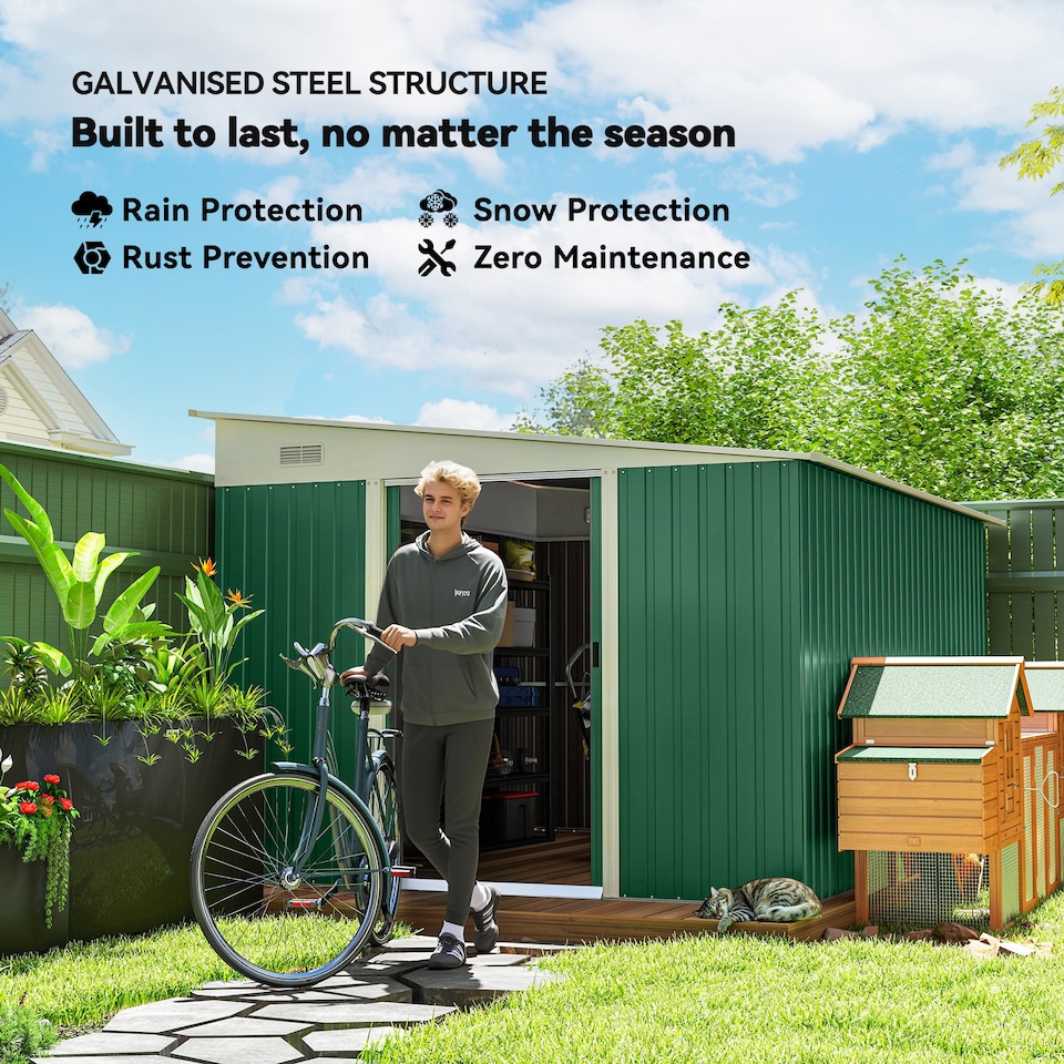 image 1 of Outsunny 11.3 x 9.2ft Lean to Metal Garden Shed, Outdoor Galvanised Tool Storage House with Double Sliding Doors and 2 Air Vents, Green