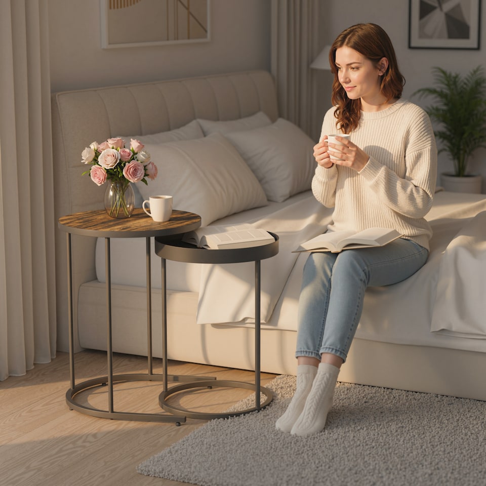 image 1 of HOMCOM Nesting Side Table Set of 2, Industrial Round Nest of Tables with Tray Tabletop and Metal Frame for Living Room, Bedroom, Home Office, Rustic Brown | Brown