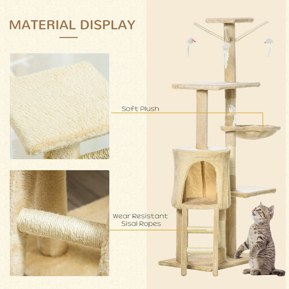 image 1 of PawHut Cat Tree for Indoor Cats, 135cm Scratching Post Climbing Tower, Beige