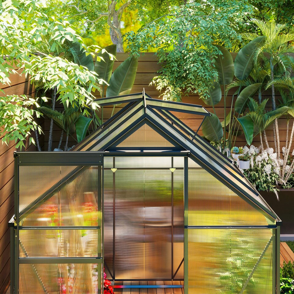 image 1 of Outsunny Polycarbonate Walk-in Garden Greenhouse w/ Sliding Door Grey