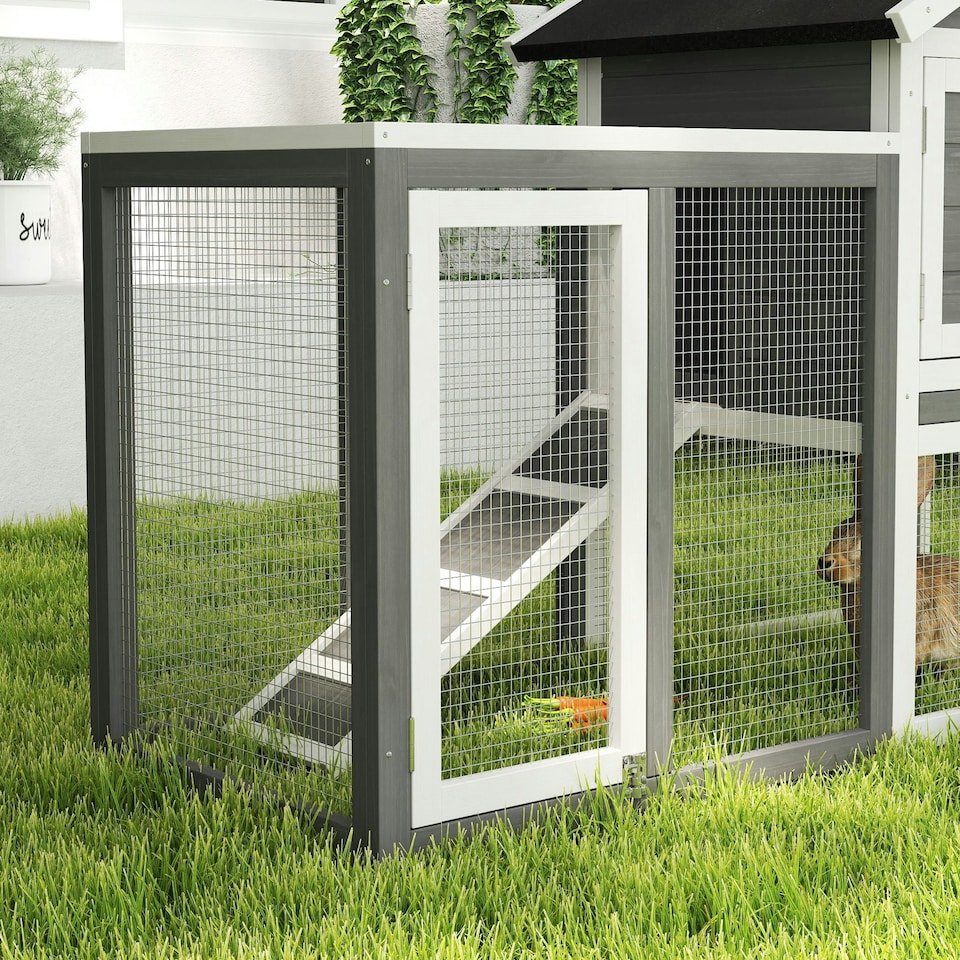 image 1 of PawHut Rabbit Hutch, Bunny Cage Outdoor Wooden House w/Tray & Ramp, Grey