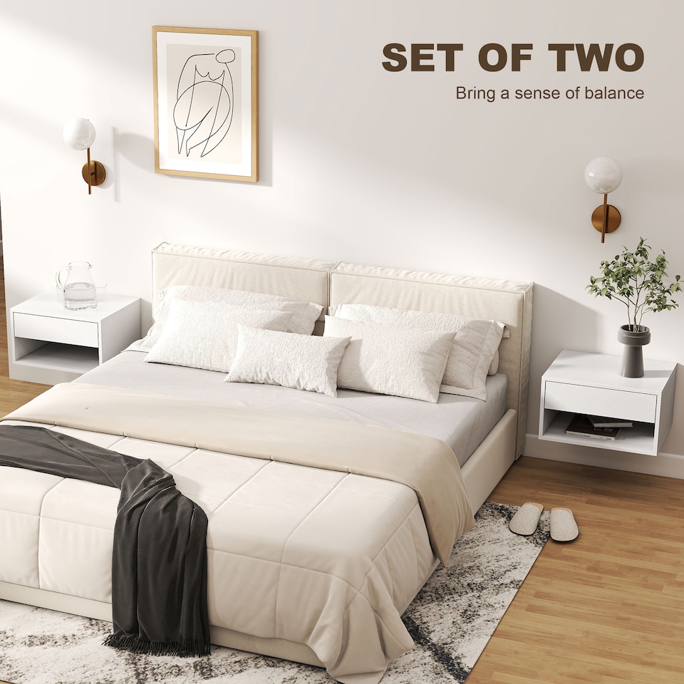 image 1 of HOMCOM Floating Nightstands Set of 2, Bedside Table w/ Drawer and Open Shelf | White