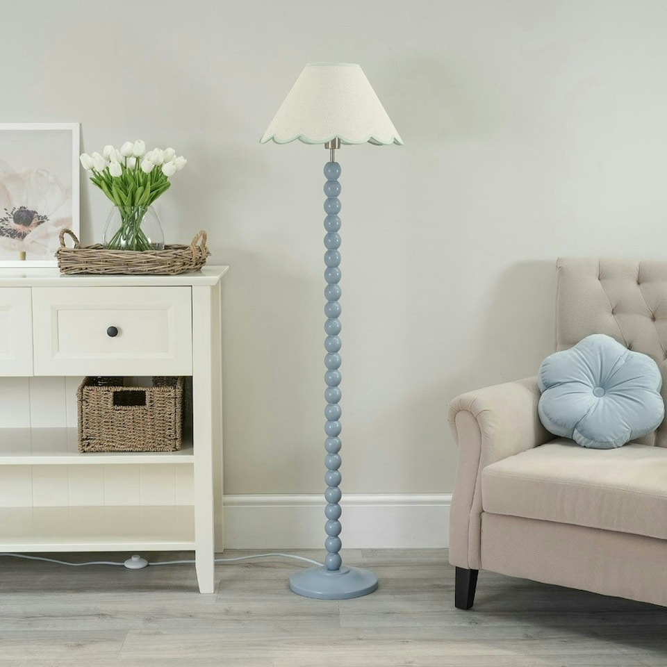 image 1 of ValueLights Bobbles Powder Blue Bobbin Floor Lamp with Green Trim Scallop Shade
