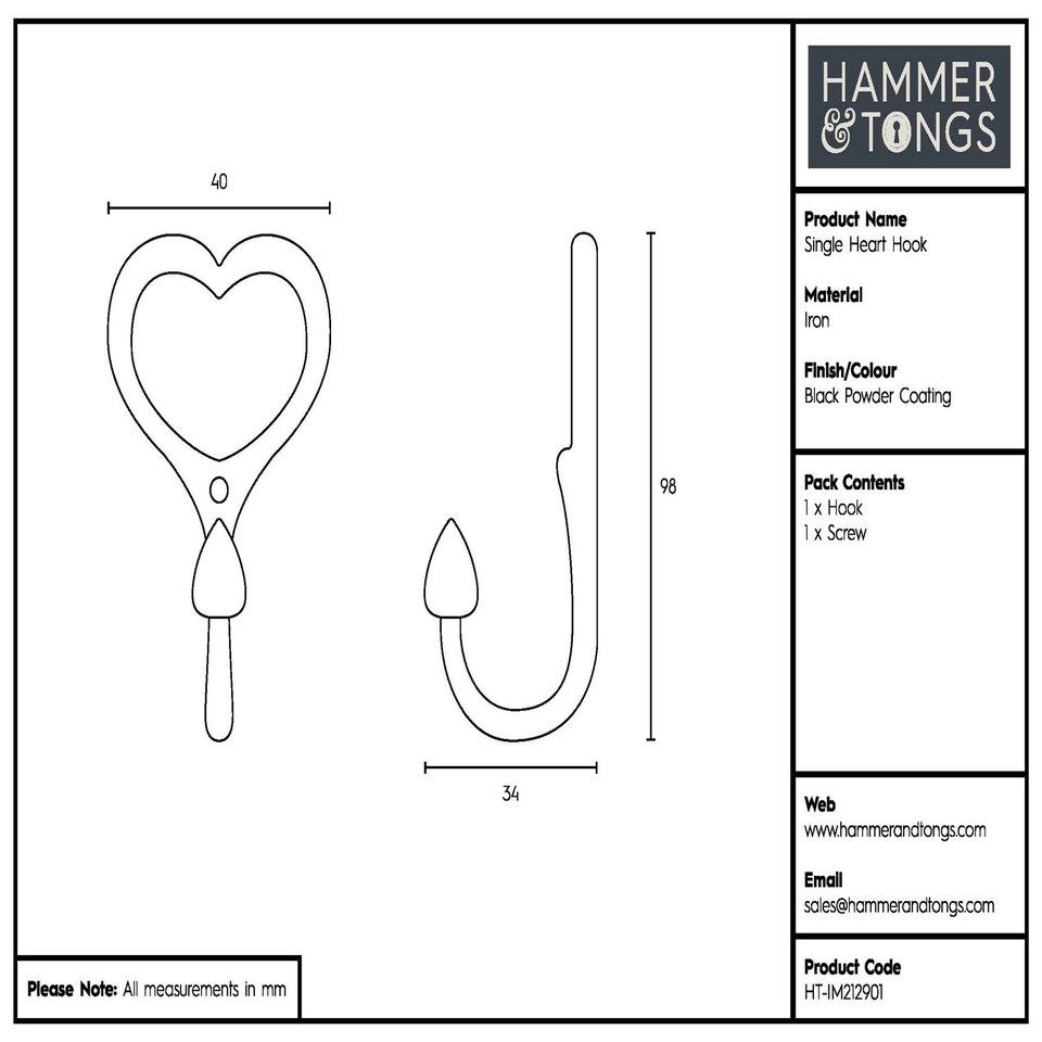 image 1 of Hammer & Tongs Single Heart Hook - W40mm x H100mm - Black