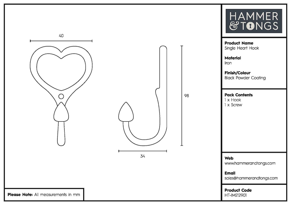 image 1 of Hammer & Tongs Single Heart Hook - W40mm x H100mm - Black - Metal Wall Mounted Coat Towel & Robe Hanger
