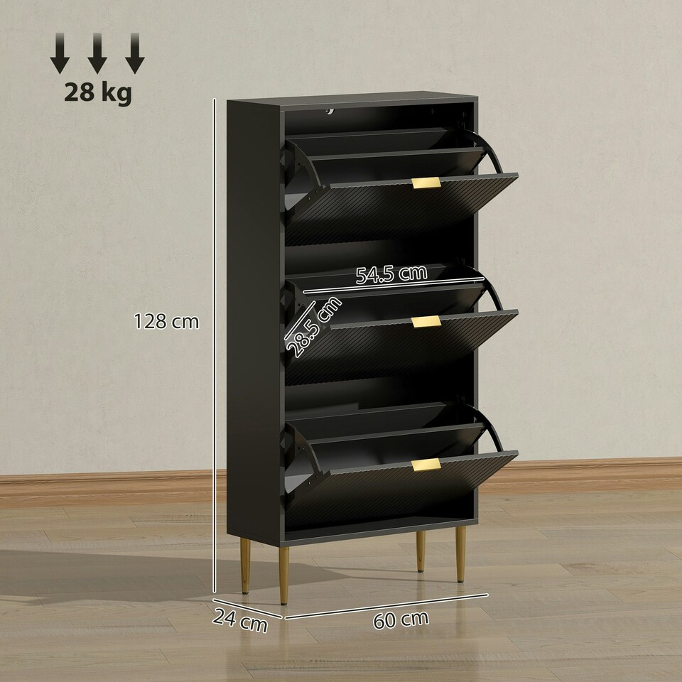 image 1 of HOMCOM Slim Shoe Storage Cabinet with 3 Flip Drawers for Hallway Black | Gold | 60W x 24D x 128H cm