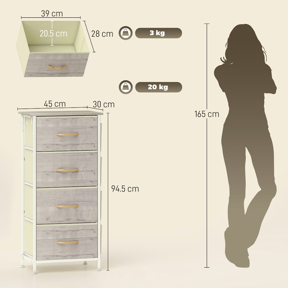 image 1 of HOMCOM Fabric Chest of Drawers, 4 Drawer Dresser for Bedroom, Natural Wood | Multi