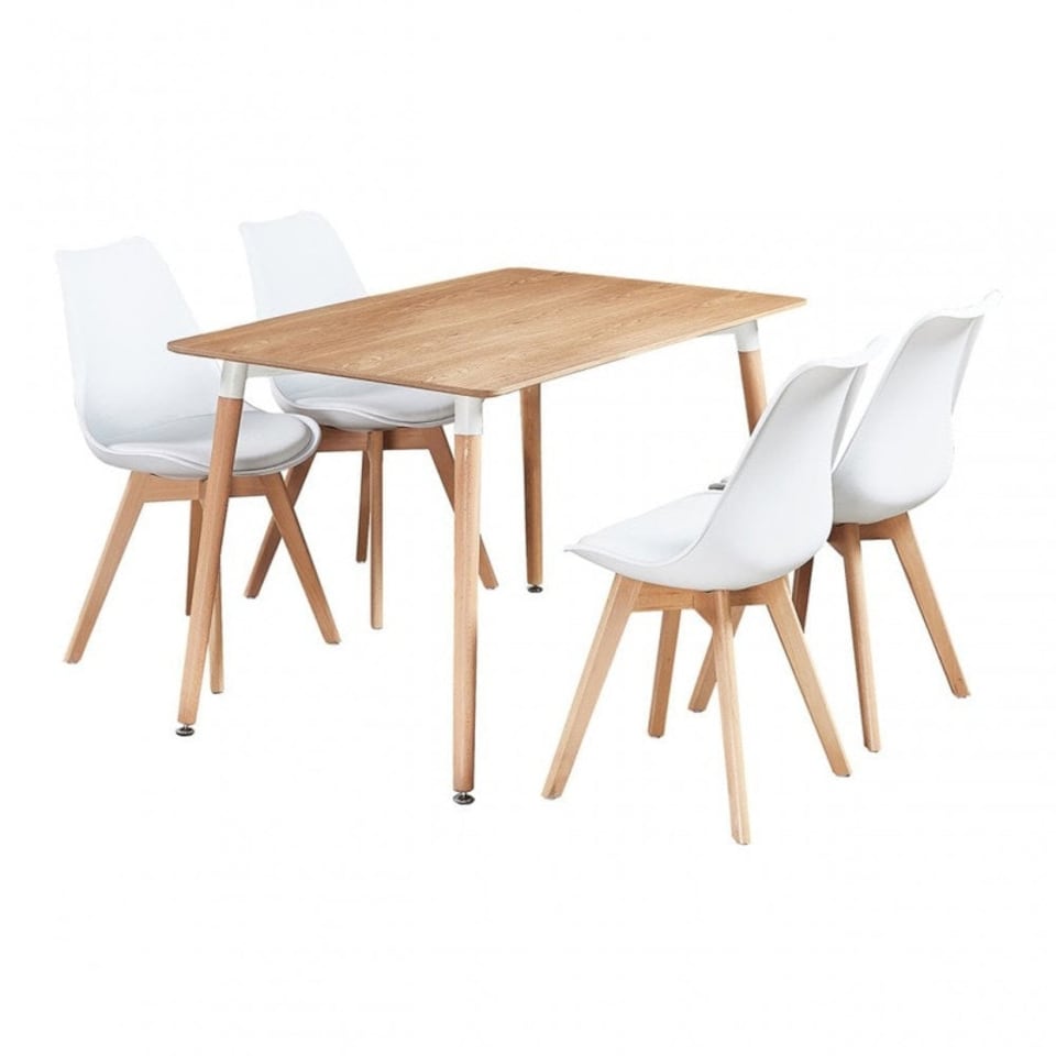 image 1 of 5PCs Dining Set - an Oak Halo Dining Table & Set of 4 Lorenzo Tulip Chairs with Padded Seat | Pink