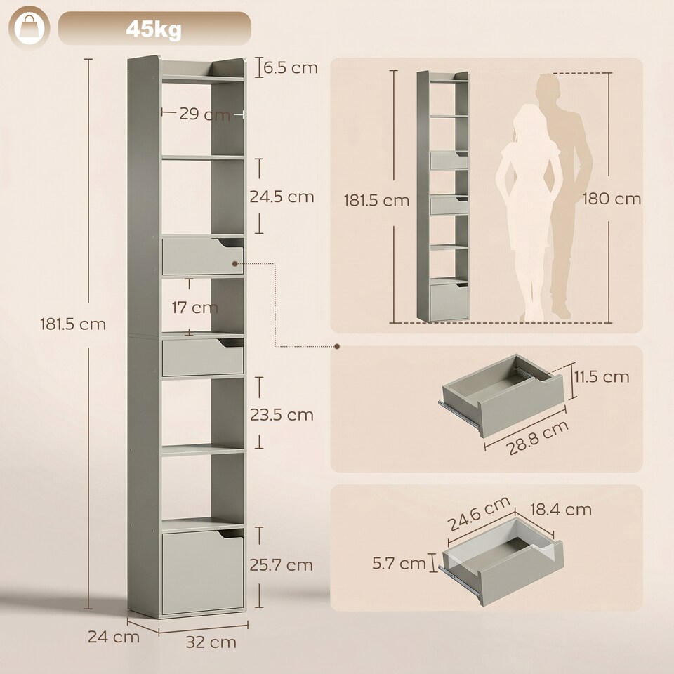 image 1 of HOMCOM Bookcase Tall Narrow with 5 Tiers Drawers