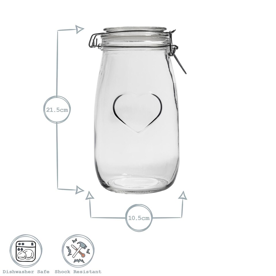 image 1 of Nicola Spring Heart Glass Storage Jars - 1.5 Litre - Clear Seal - Pack of 3