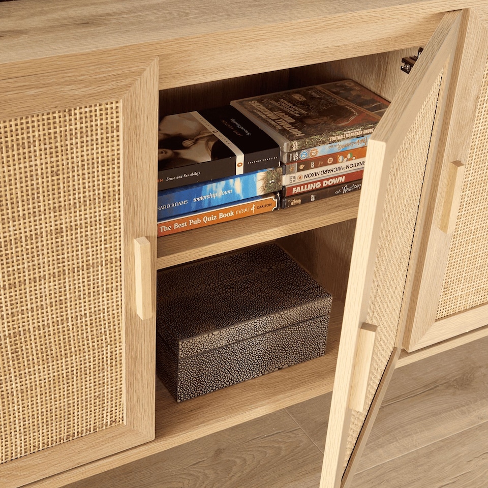 image 1 of Sideboard 3 Rattan Doors Solid Wooden Legs Cabinet Home Living Room Furniture