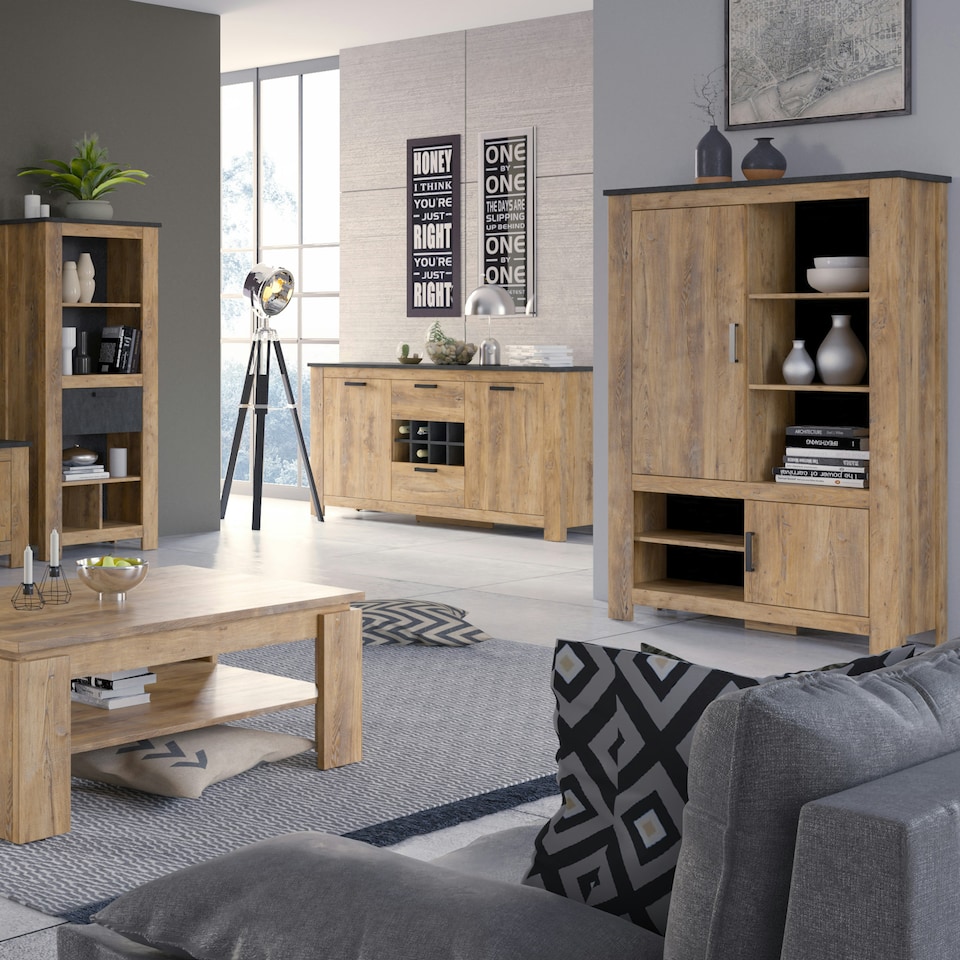 image 1 of Rapallo 2 Door 2 Drawer Sideboard with Wine Rack in Chestnut and Matera Grey