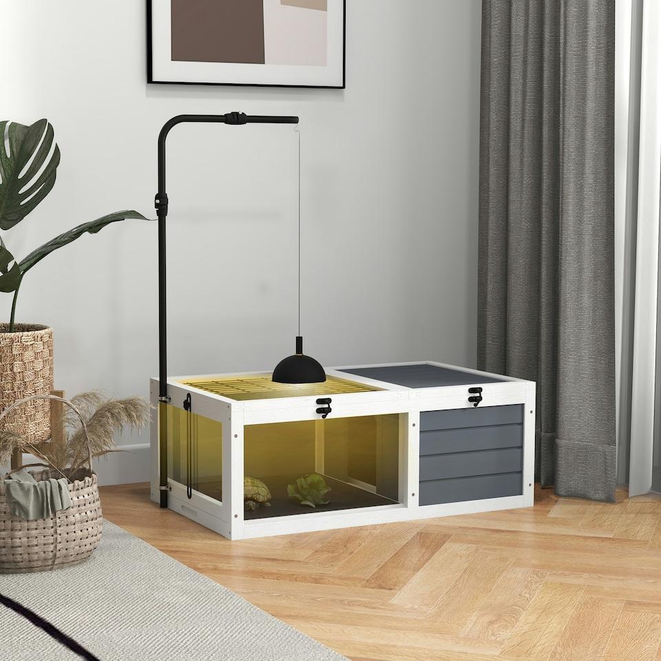image 1 of PawHut Tortoise House, Wooden Tortoise Table w/ Lamp Holder - Grey
