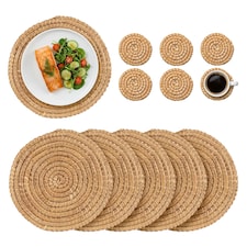 Argon Tableware 12pc Round Placemats & Coasters Set - Woven Palm Leaf Kitchen Dining Table Mats Drinks Coaster Protector Mats | Brown | Brown | One Size | 12