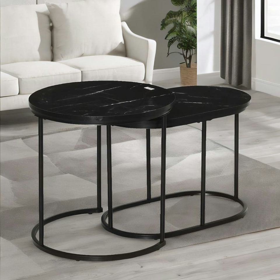 image 1 of 2PC Nesting Tables With Faux Marble Tabletop Black Black