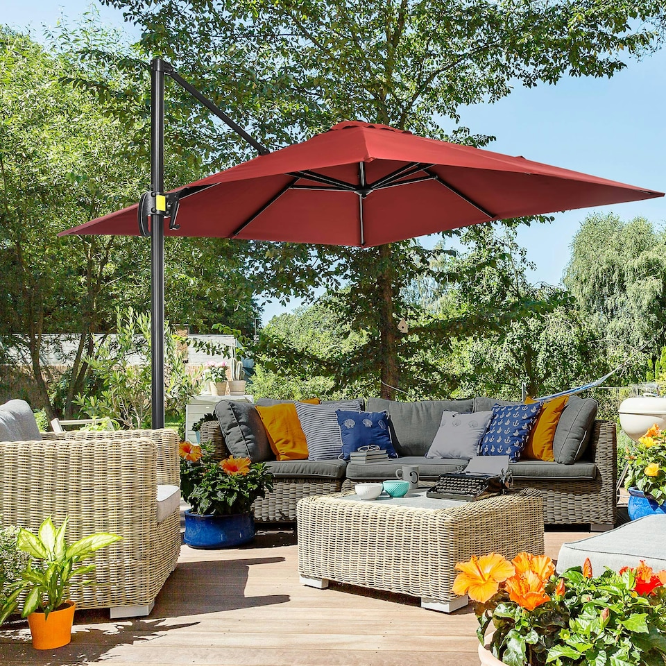 image 1 of Outsunny Square Cantilever Roma Parasol, 360-Degree Rotation, Wine Red