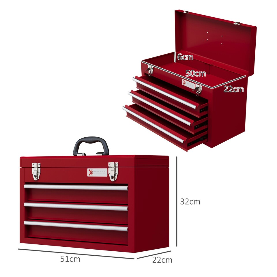image 1 of DURHAND Lockable 3 Drawer Tool Chest with Ball Bearing Slide Drawers Red | Red | 51L x 22W x 32H cm | 1