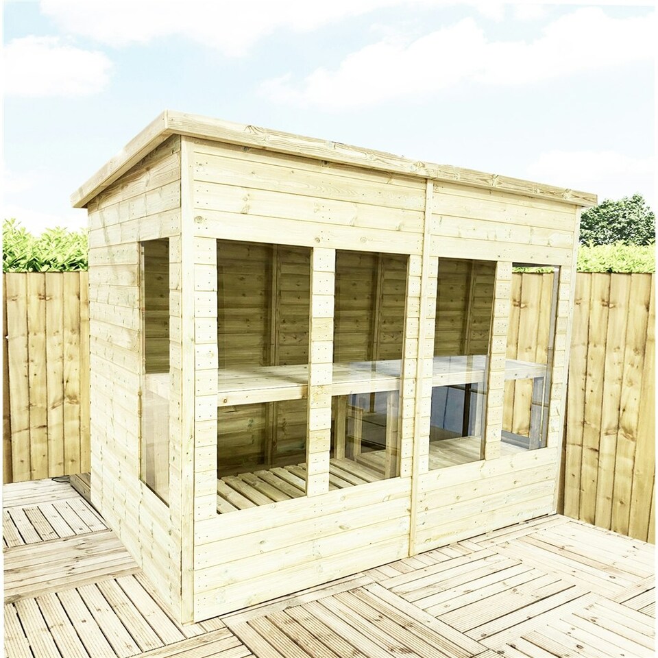 image 1 of 11 x 5 Pressure Treated Tongue And Groove Pent Summerhouse - Potting Shed - Bench + Safety Toughened Glass + RIM Lock with Key (11' x 5' / 11ft x 5ft)