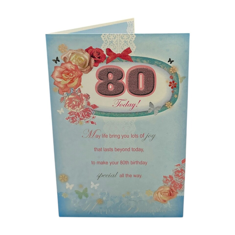 image 1 of Age 80 Floral Design Soft Blue Birthday Card