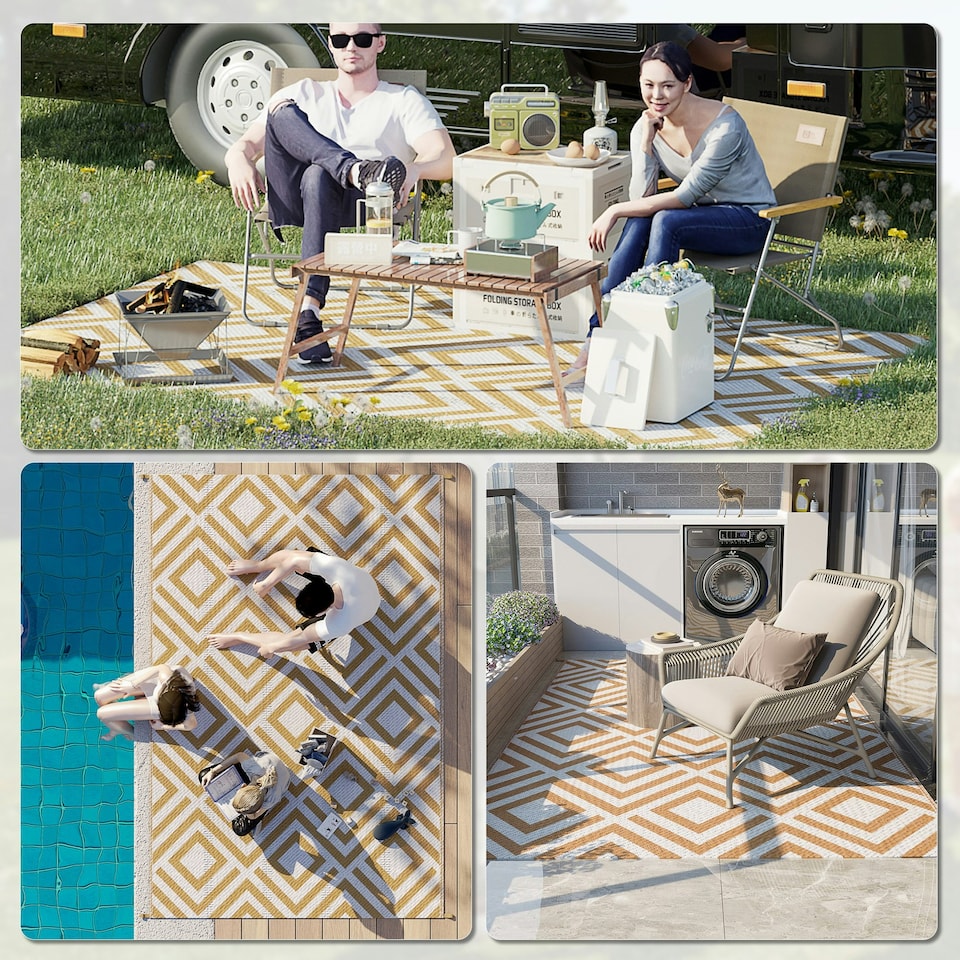 image 1 of Outsunny Reversible Waterproof Outdoor Rug W/ Carry Bag, 182 x 274 cm Grey | Grey and White