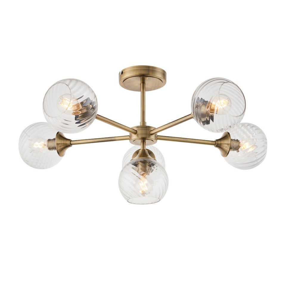 image 1 of Allegra 6 Light Multi Arm Glass Shade Semi Flush Ceiling Lamp Antique Brass