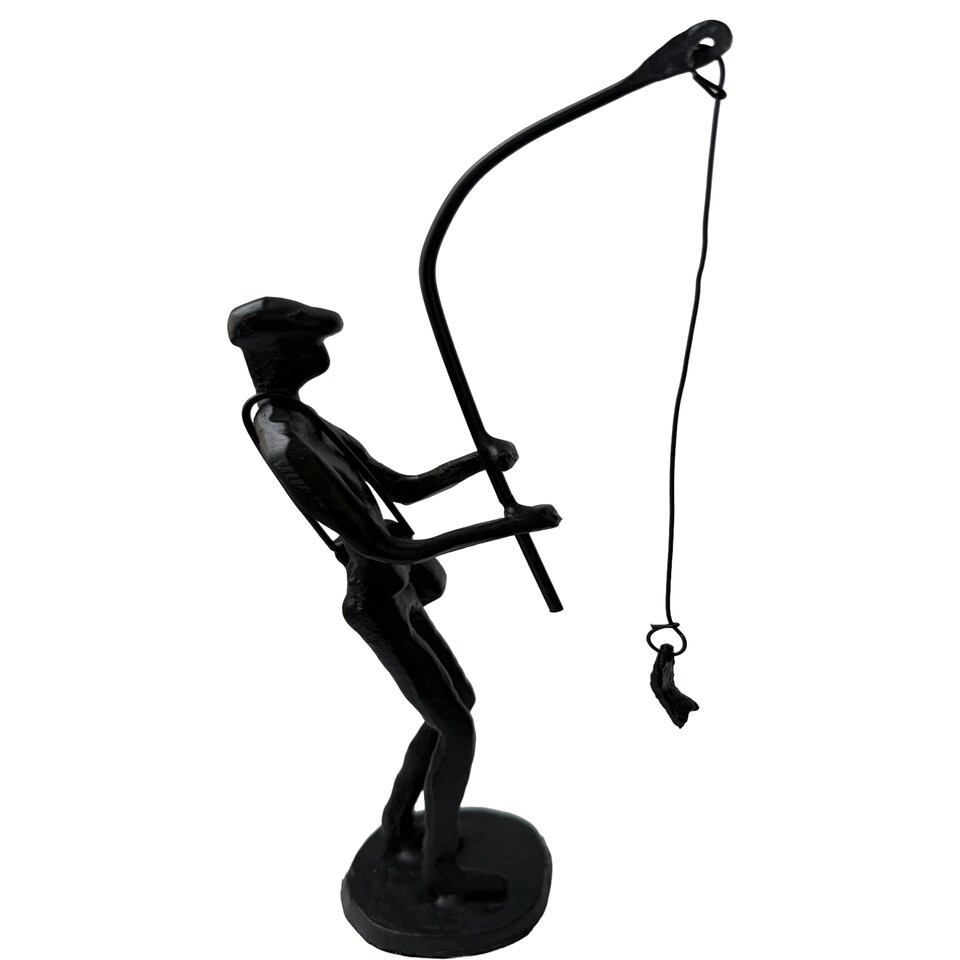 image 1 of Metal Sculpture off a Man with a Fishing Rod Reeling in his Catch Rustic Figurine Hobby Gift Sweet Memories Grandfather Father Son Vintage Decor Gift Present