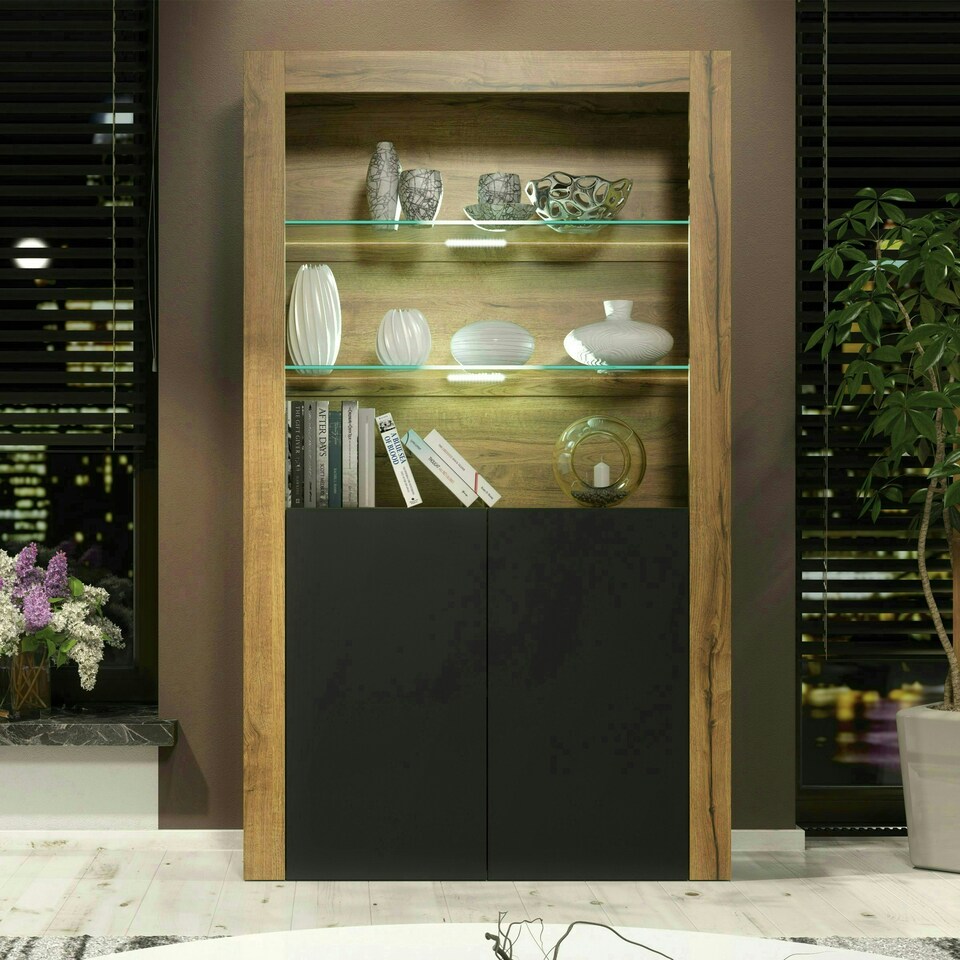 image 1 of Oak Display Cabinet 100cm Matt Finish Free LED Modern Tall Storage Unit Multi | Oak & Black