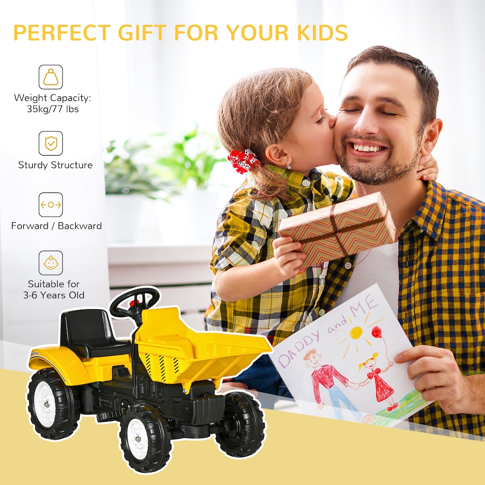 image 1 of HOMCOM Ride on Tractor for Kids, No Power Pedal Go Kart, Ride on Digger with Manual Control Bucket, Forward, Backward, for 3-6 Years, Yellow