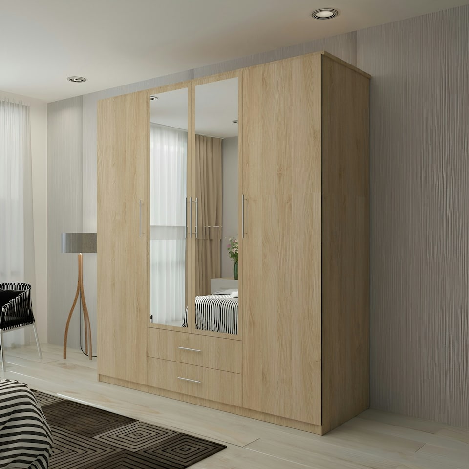 image 1 of Stylish 171cm Hinged Wardrobe with Double Mirrors, 2 Drawers & Large Hanging Space Brown | Oak171cm