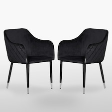 Set of 2 Verona Velvet Dining Chairs with Quilted Back & Black Legs - Modern Accent Chair with Silver Foot Tips | Black