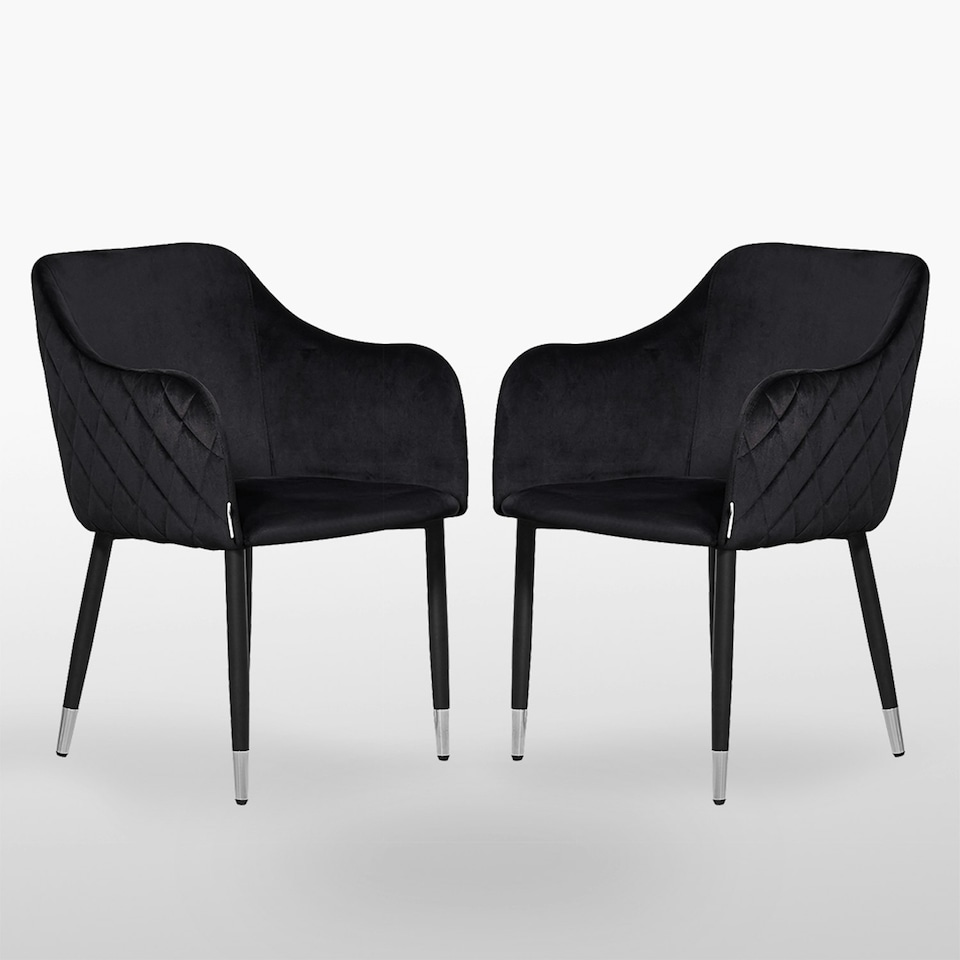 image 1 of Set of 2 Verona Velvet Dining Chairs with Quilted Back & Black Legs - Modern Accent Chair with Silver Foot Tips | Black