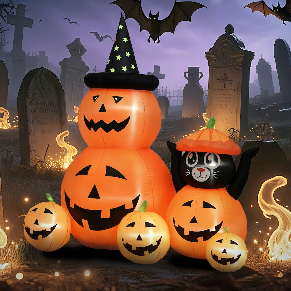 image 1 of Outsunny Pumpkin and Cat with LED Lights, Halloween Inflatables Decoration