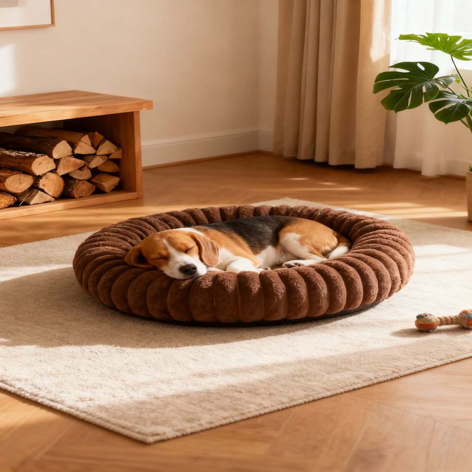 image 1 of Living and Home 6 Colour Soft Donut Pet Bed for Cats & Dogs,Warm & Cosy Retreat | Brown | Brown | L